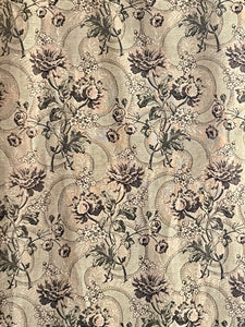 Antique French long woven DAMASK cotton FLORAL GREY green CURTAIN c1910