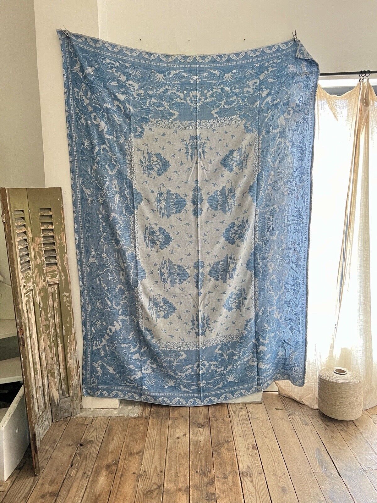 Vintage French BLUE DAMASK cotton BEDSPREAD CHINOISERIE c1930