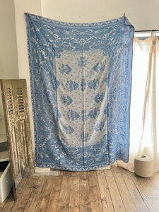 Vintage French BLUE DAMASK cotton BEDSPREAD CHINOISERIE c1930