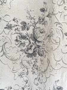 Antique French long DAMASK cotton FLORAL GREY beige CURTAIN drape c1910