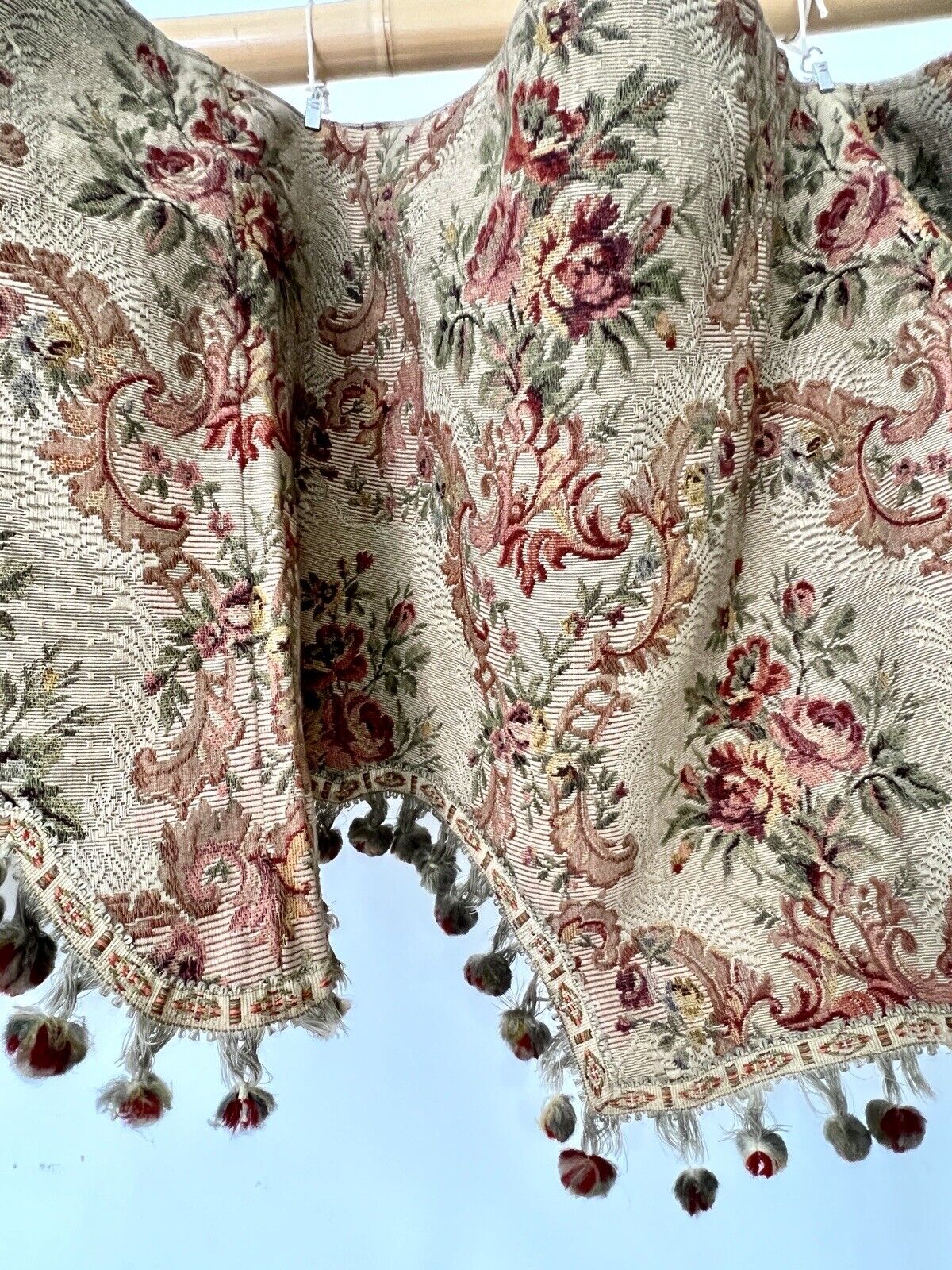 Antique French PAIR floral DAMASK VALANCE braid POMPOMS roses DECOR padded c1850