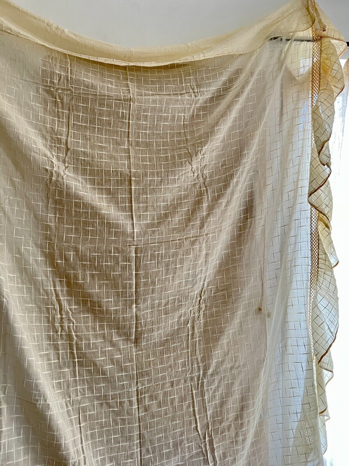 Vintage French LIGHT yellow cotton GAUZE BEDSPREAD FRILLS c1930