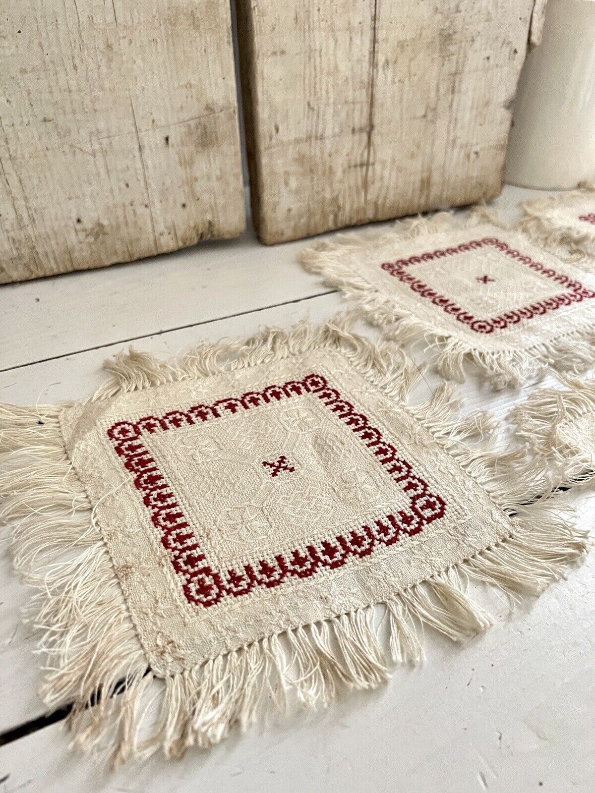 SET 5 French EMBROIDERED damask cotton DOILIES mat RED DECOR fringes c1930