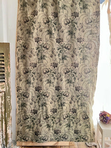 Antique French long woven DAMASK cotton FLORAL GREY green CURTAIN c1910