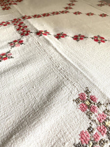 SET EMBROIDERED heavy RUSTIC country LINEN TABLECLOTH 12 NAPKINS c1930