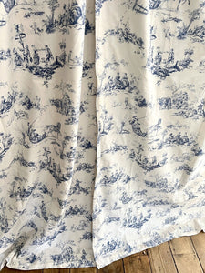 PAIR vintage French blue TOILE DE JOUY cotton PASTORAL CURTAINS BACKED c1950