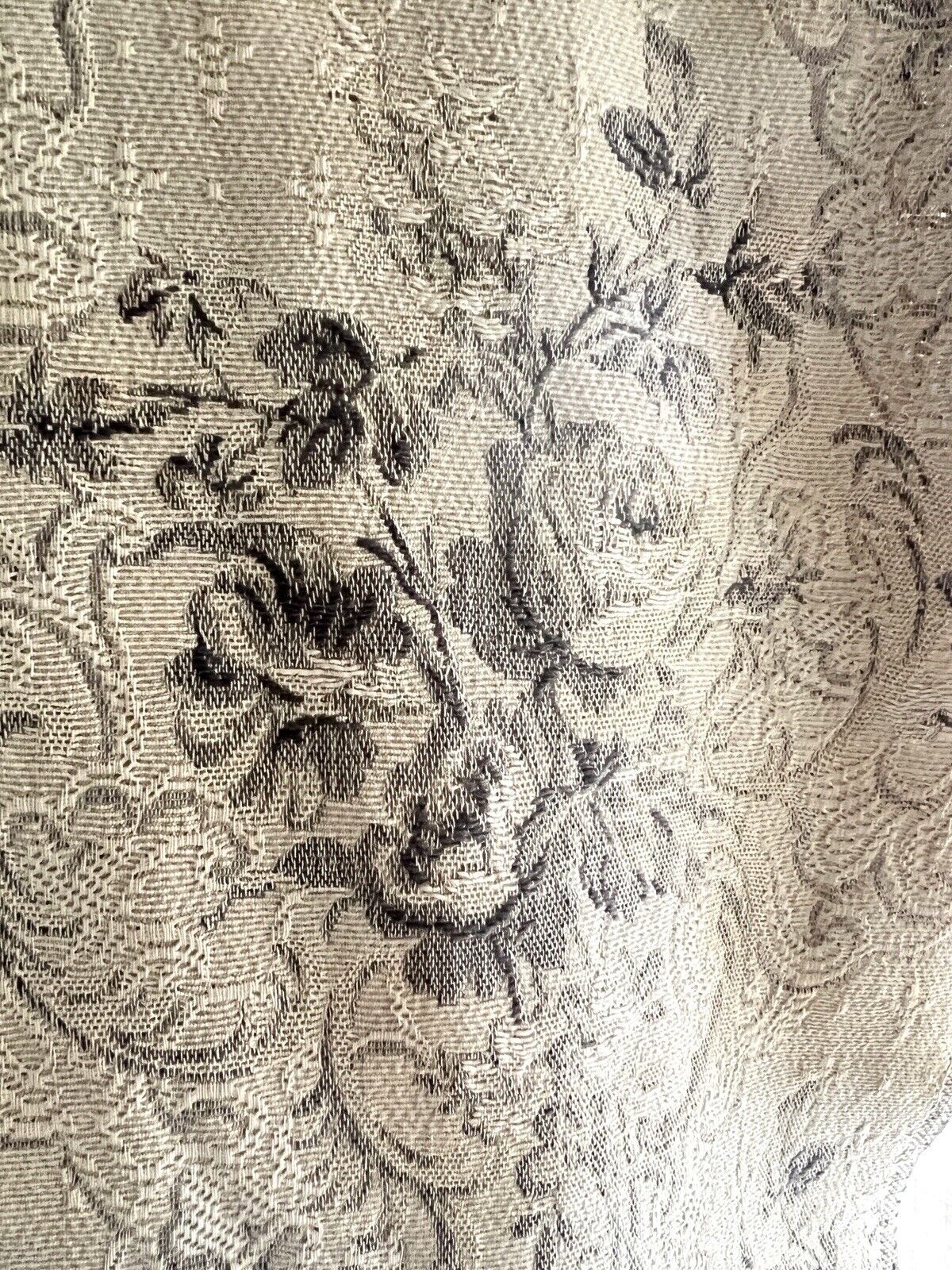 Antique French long DAMASK cotton FLORAL GREY beige CURTAIN drape c1910