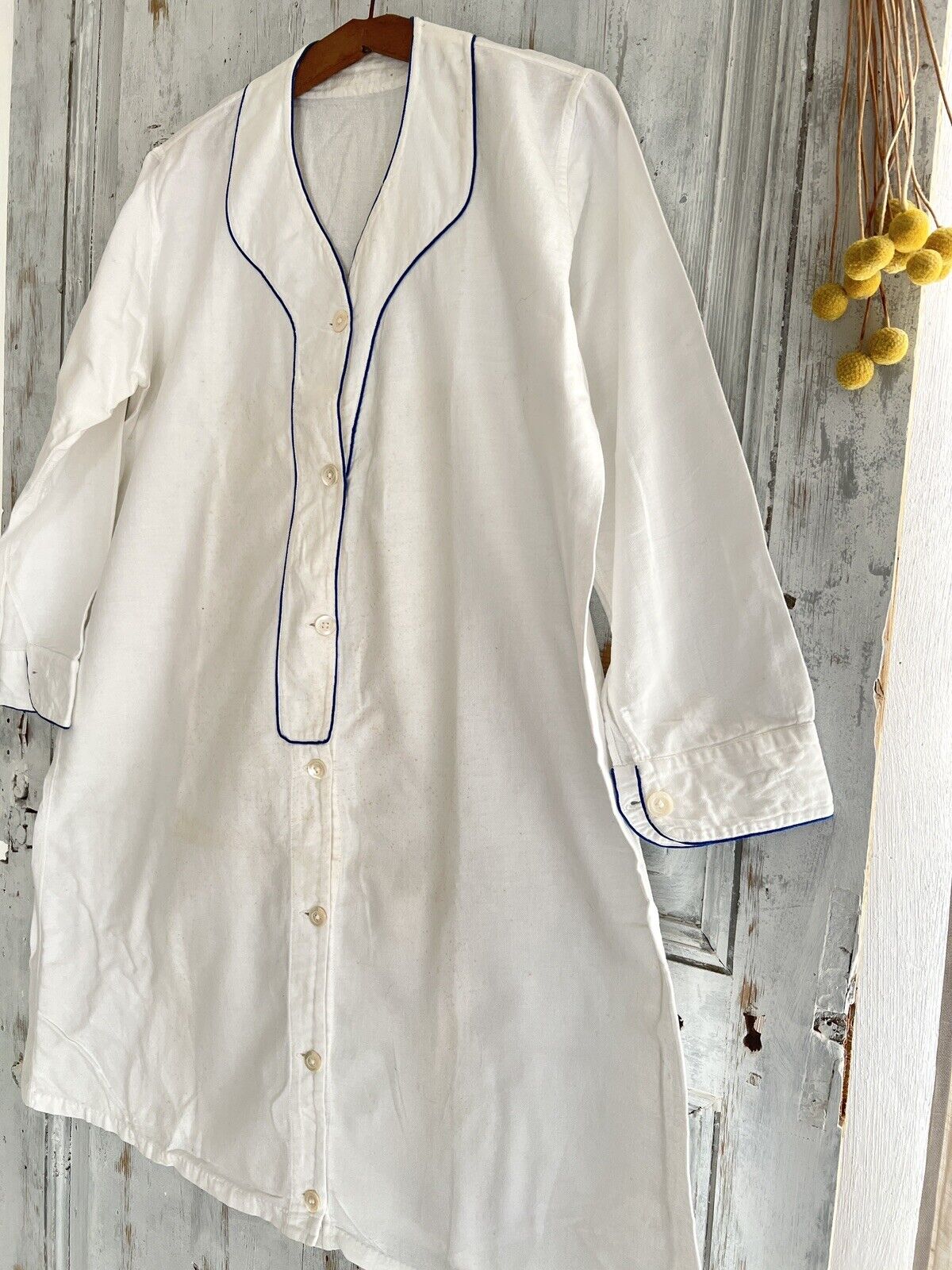 Antique French MAN brushed cotton NIGHTSHIRT blue liseret 1900