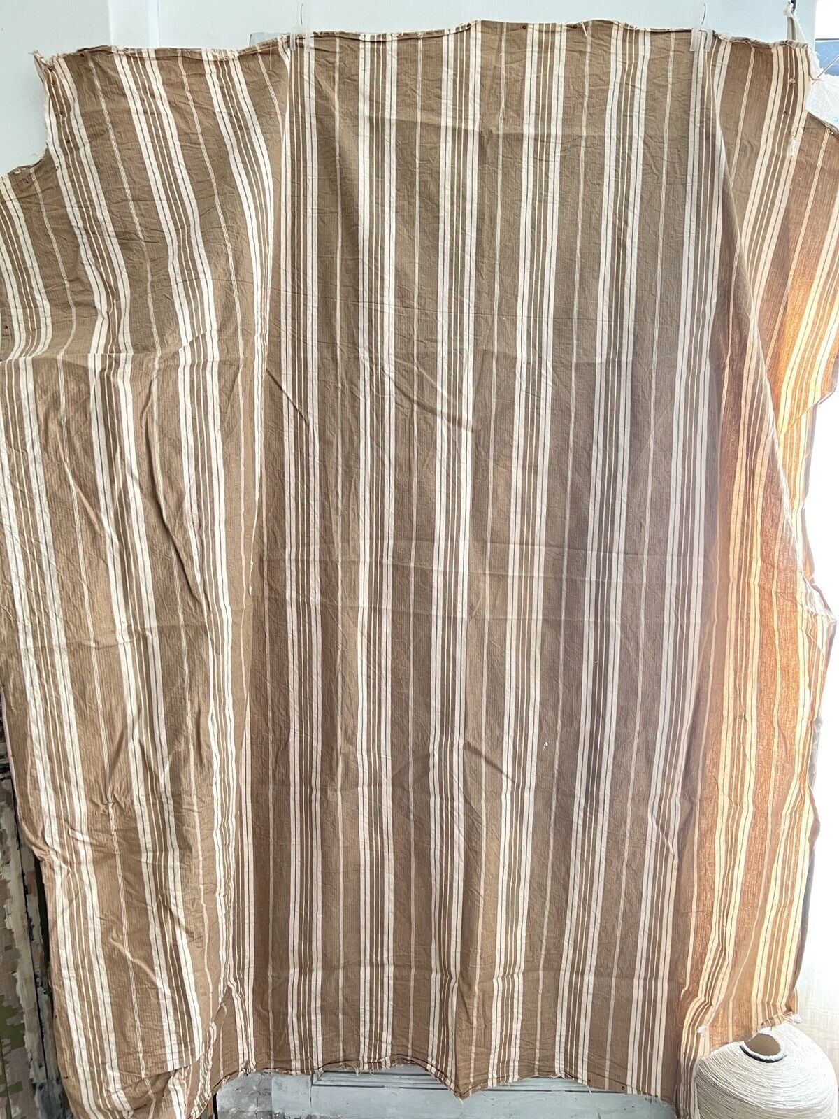 Antique WIDE French TICKING LINEN copper tones UPHOLSTERY c1900