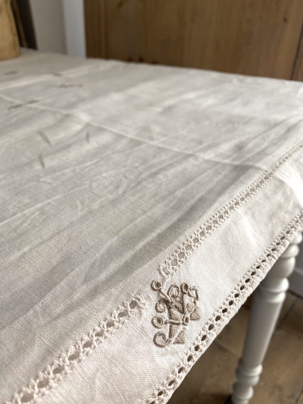 Vintage French EMBROIDERED LINEN coffee TABLECLOTH c1950