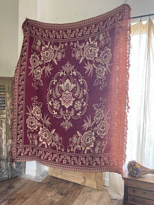 Vintage French FLORAL BURGUNDY BOTEH DAMASK wool BEDSPREAD fringes c1930