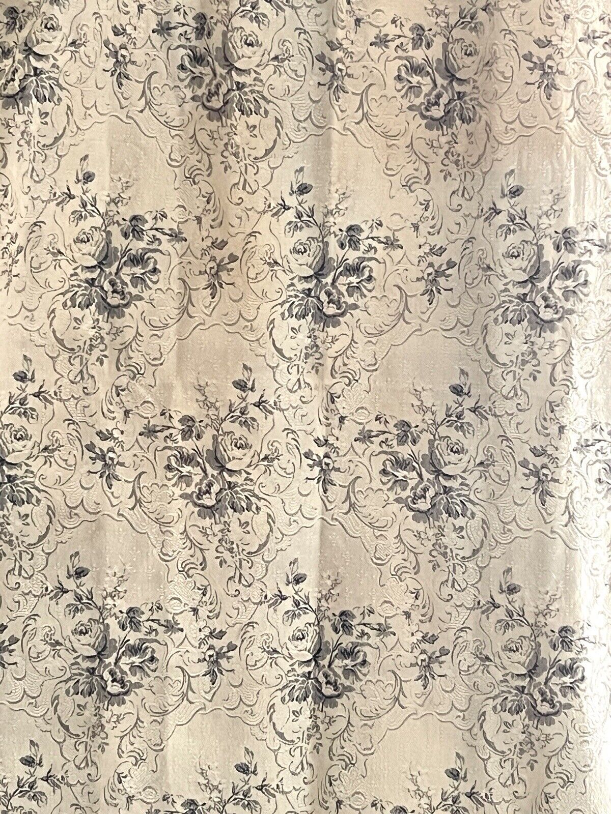 Antique French long DAMASK cotton FLORAL GREY beige CURTAIN drape c1910