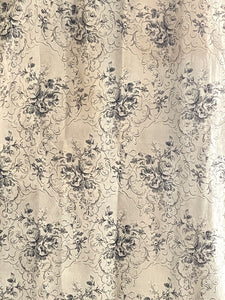 Antique French long DAMASK cotton FLORAL GREY beige CURTAIN drape c1910