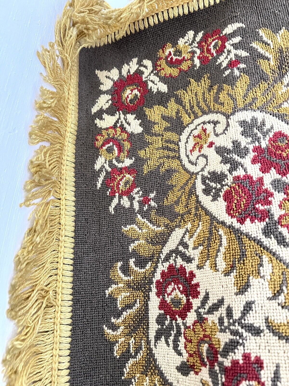 Vintage French FLORAL cotton PROVENCAL GOLD tablecloth wall hanging FRINGE c1950