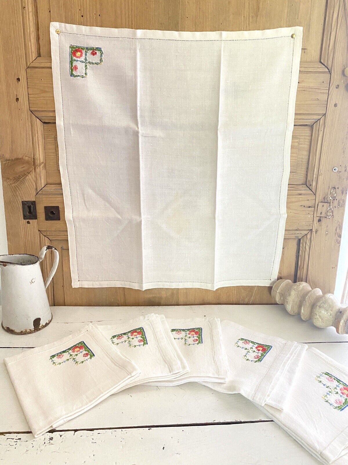 6 Vintage French HEAVY LINEN embroidered NAPKINS openworks c1950