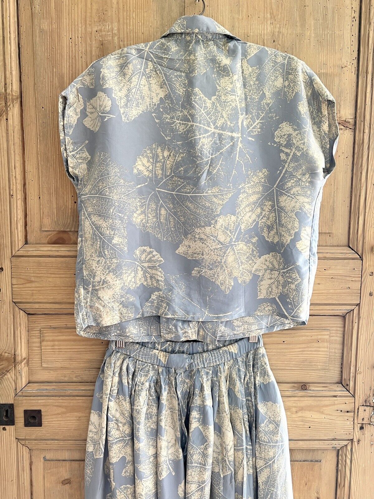 Vintage French woman BLUE SILK SET blouse PLEATED skirt c1950