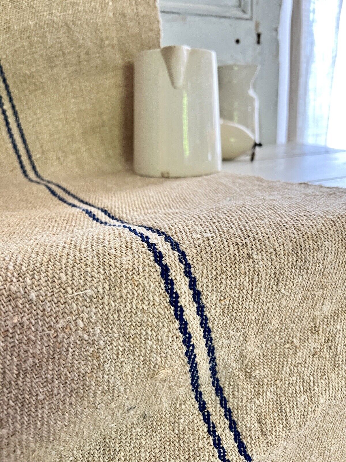 BOLT 4,7 y vintage European GRAIN SACK homespun linen fabric BLUE stripes c1950