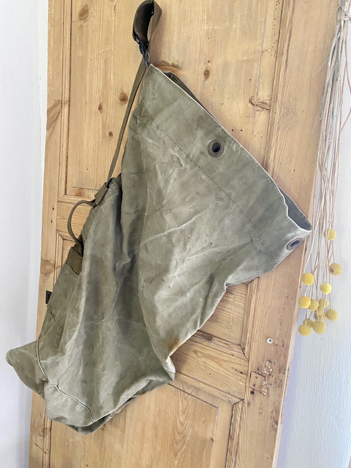 Vintage French heavy KHAKI MOLESKINE MILITARY BAG c1950