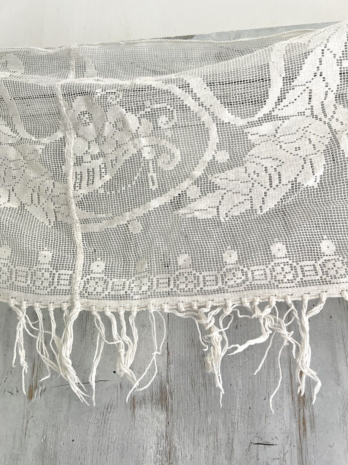 Vintage French floral MANTELPIECE COVER curtain cotton FILET LACE FRINGES c1930