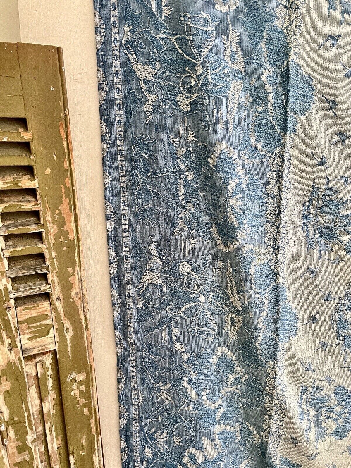 Vintage French BLUE DAMASK cotton BEDSPREAD CHINOISERIE c1930