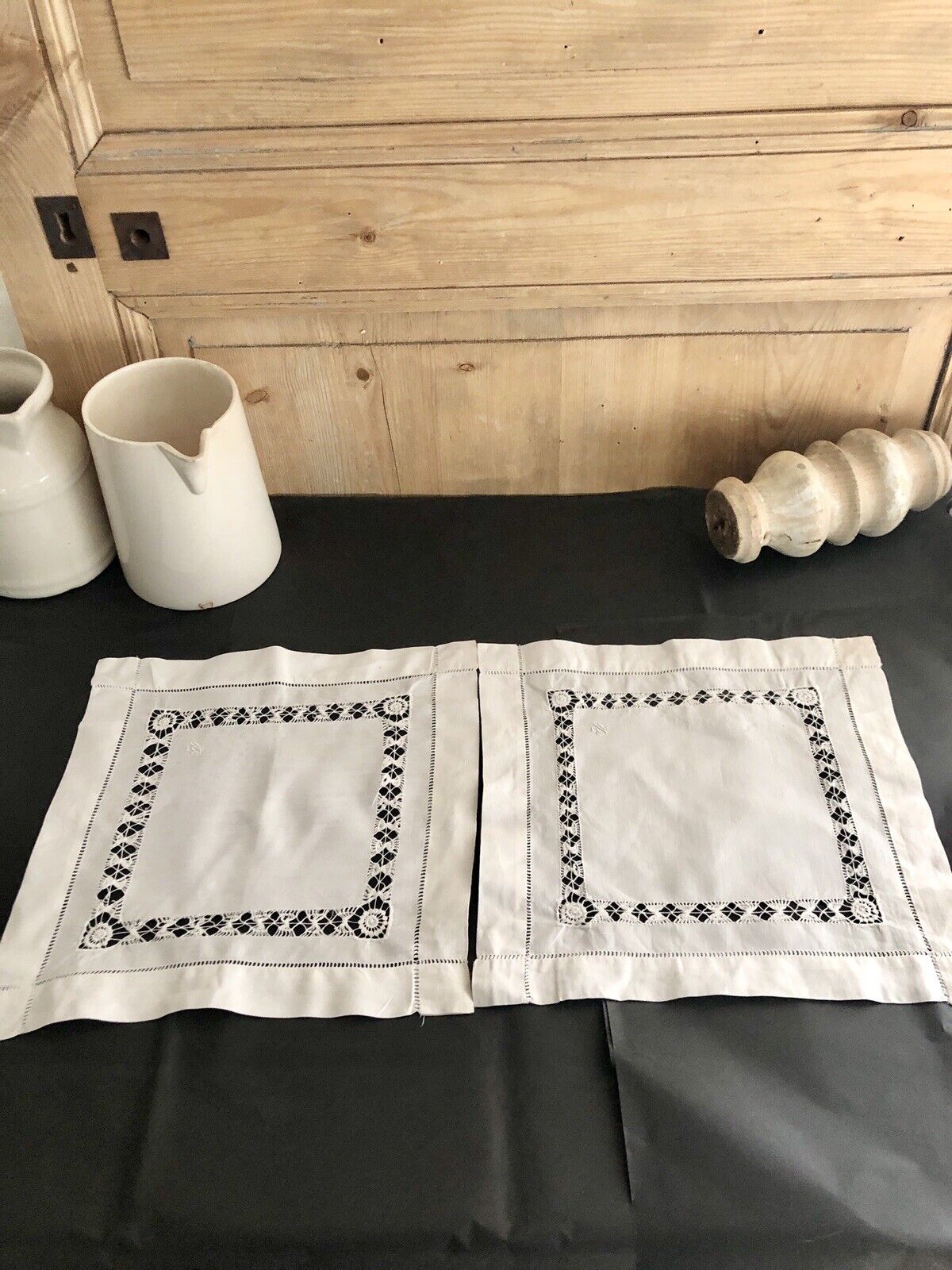 Pair of vintage French LINEN TEA NAPKINS doily mats FILET LACE PB mono c1930