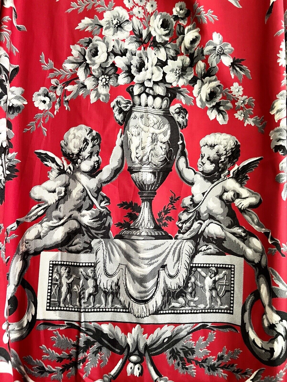 PAIR vintage French classic RED CHERUBS satin cotton CURTAINS BACKED c1950