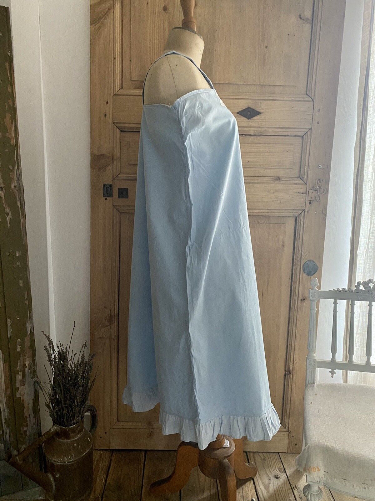 Antique French EMBROIDERED pale blue COTTON NIGHTSHIRT c1920