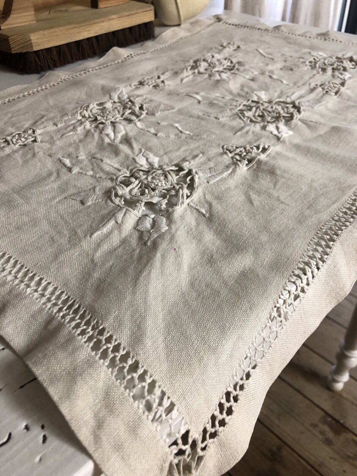 Art Nouveau LARGE French DOILY linen OPENWORKS napperon c1920