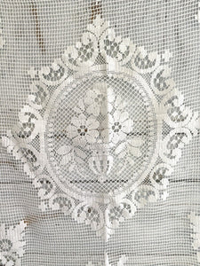 Antique French EMBROIDERED filet lace  tea TABLECLOTH FRINGES c1900