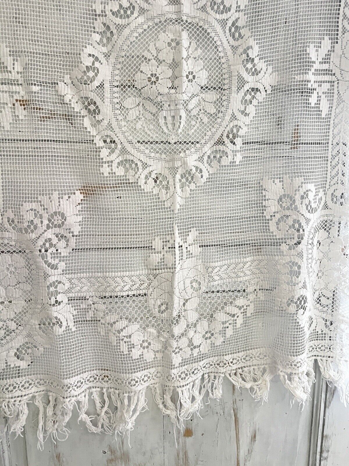 Antique French EMBROIDERED filet lace  tea TABLECLOTH FRINGES c1900