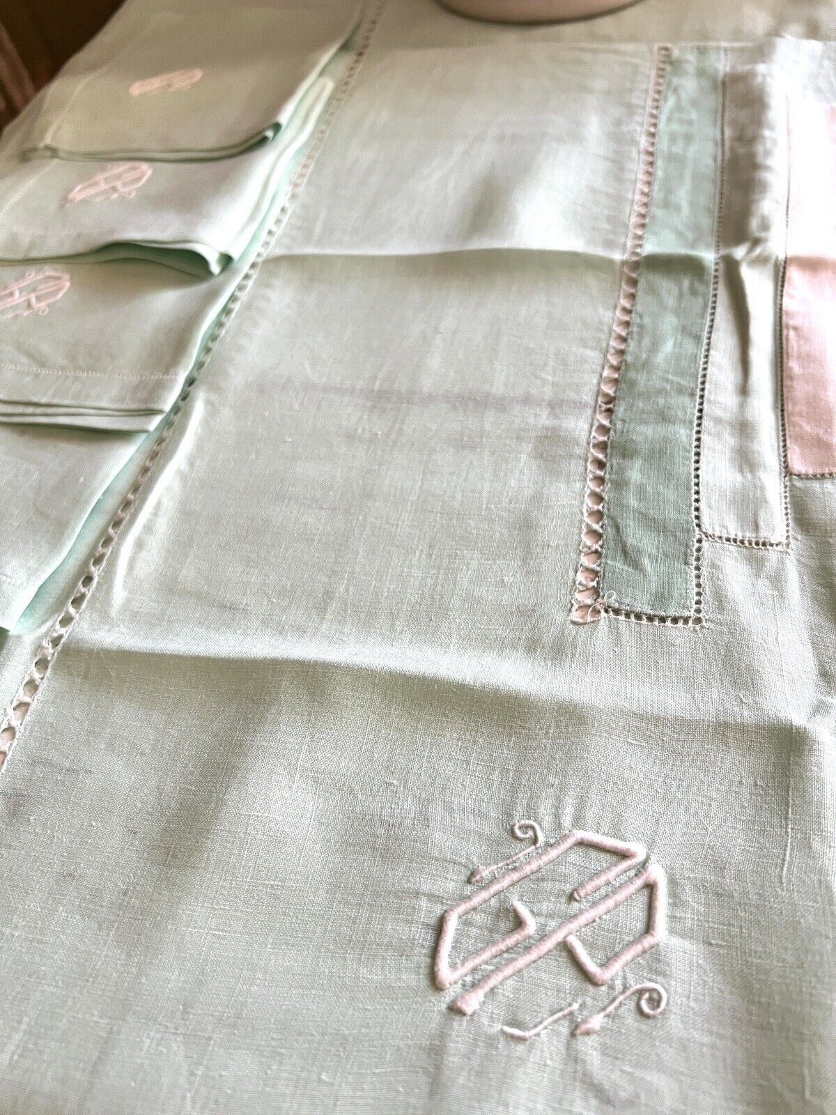 Art Deco SET French FIL OF LINEN TABLECLOTH 11 NAPKINS pale green GP m c1930