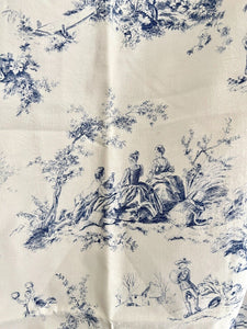 PAIR vintage French blue TOILE DE JOUY cotton PASTORAL CURTAINS BACKED c1950