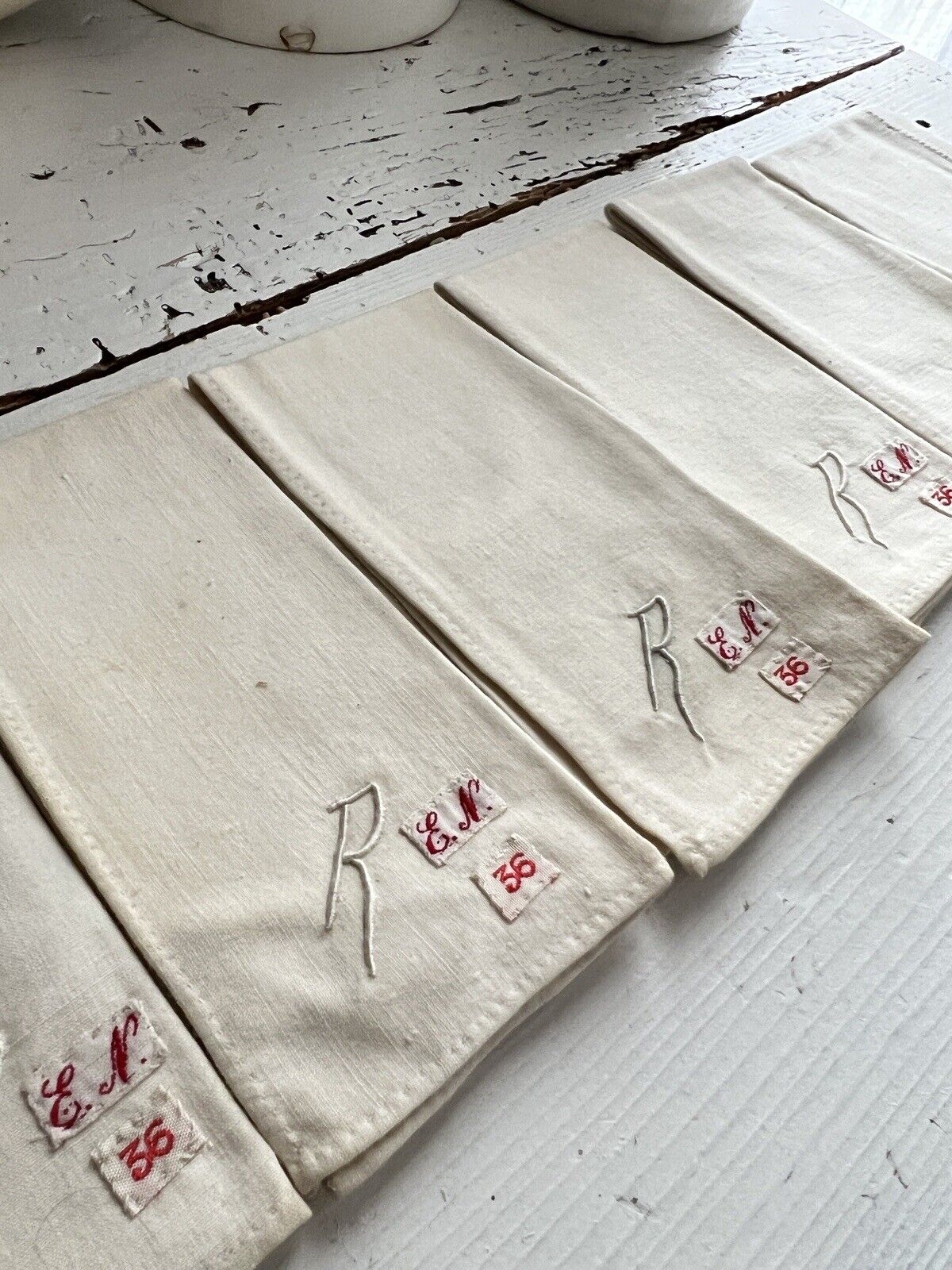 Set of 6 antique French  LINEN COTTON blend HANDKERCHIEF R mono c1900