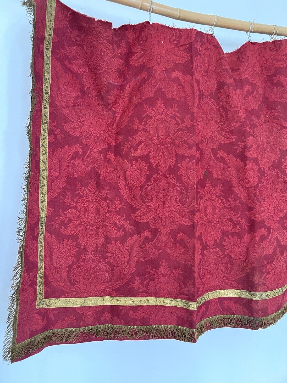 Antique French Empire long PURPLE RED floral DAMASK VALANCE braid FRINGES c1880