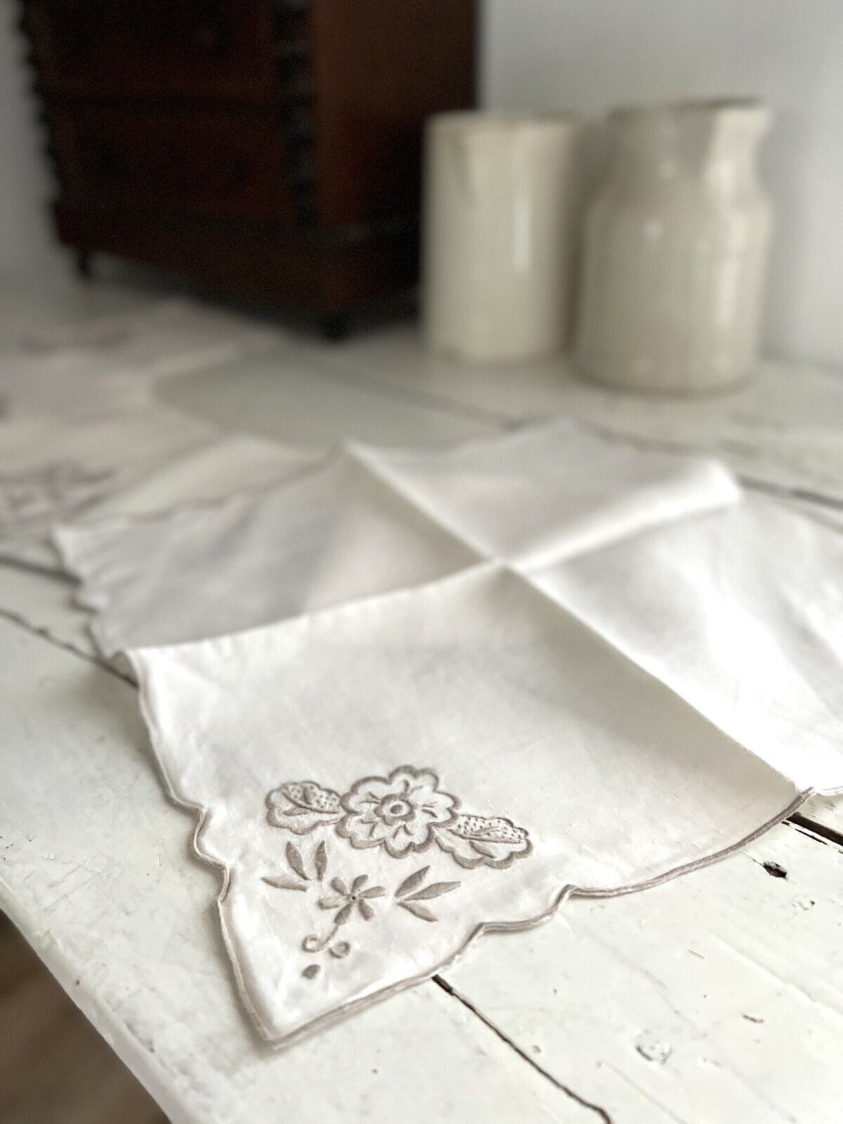 SET 6 vintage French LINEN TEA NAPKINS  gray FLORAL embroideries c1950