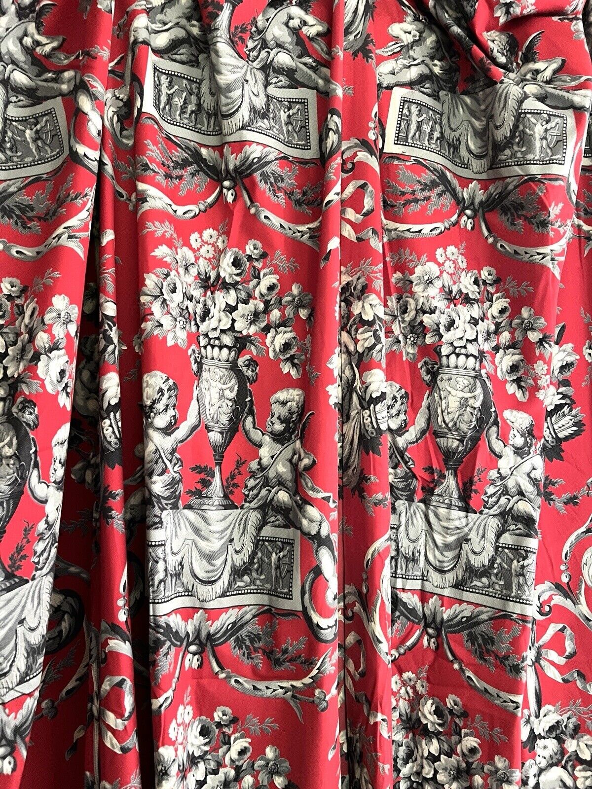 PAIR vintage French classic RED CHERUBS satin cotton CURTAINS BACKED c1950