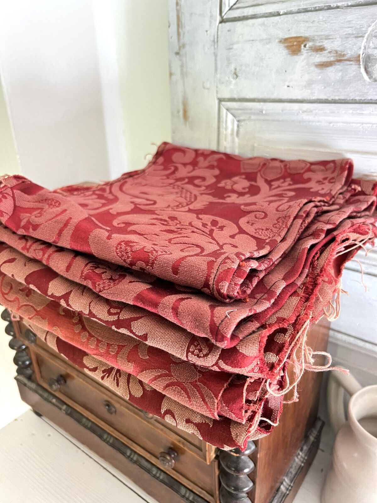 BUNDLE #2 antique CUT DAMASK SILK fabric lot CRAFT arabesques c1900