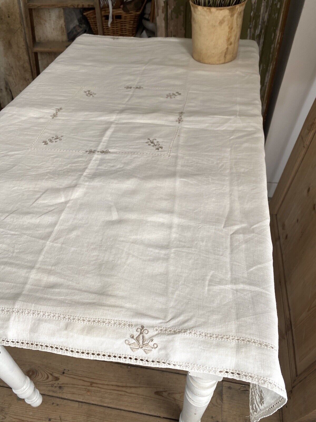 Vintage French EMBROIDERED LINEN coffee TABLECLOTH c1950