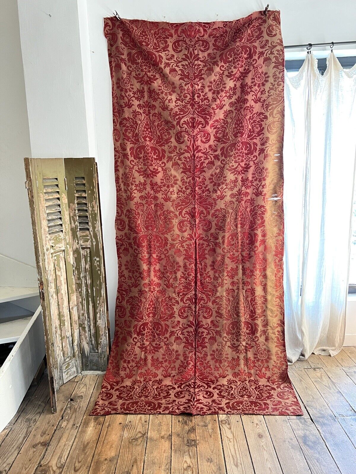 Antique French DAMASK RED GOLD SILK panel indiennes ARABESQUES DECOR c1880