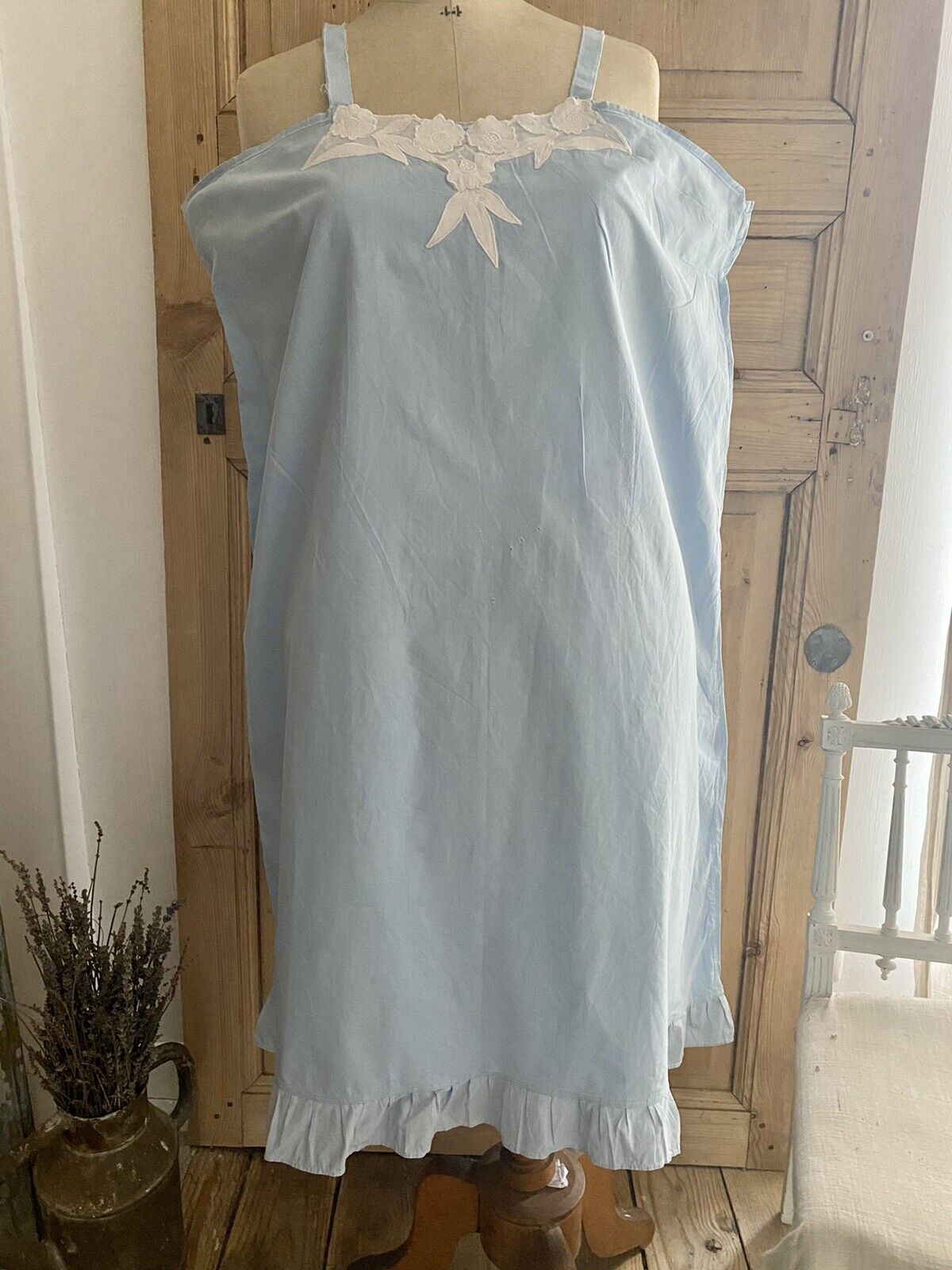 Antique French EMBROIDERED pale blue COTTON NIGHTSHIRT c1920