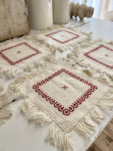 SET 5 French EMBROIDERED damask cotton DOILIES mat RED DECOR fringes c1930