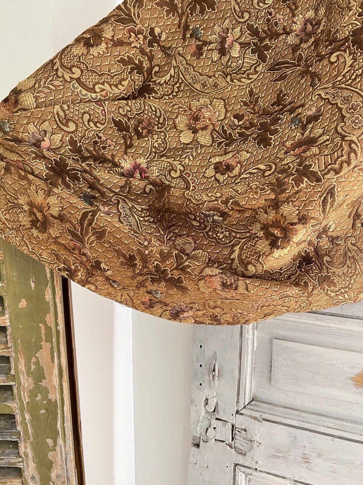 Antique French PAIR GOLD floral DAMASK VALANCES braid DRAPE c1880