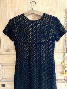 Vintage French BLACK floral LACE DRESS c1960