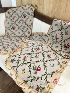 Vintage French PAIR TAPESTRY cotton chair covers floral bouquets c1950