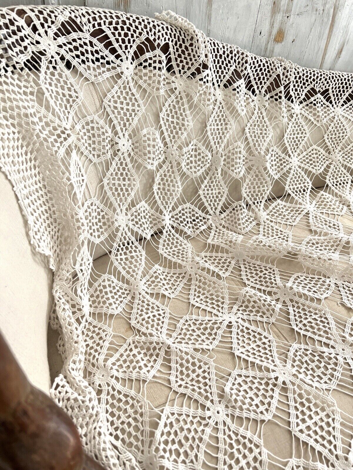 Vintage French FILET LACE textile TABLECLOTH bedspread c1930