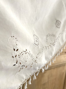 Antique French LONG linen embroidered VALANCE MANTELPIECE eyelet FRINGES c1900