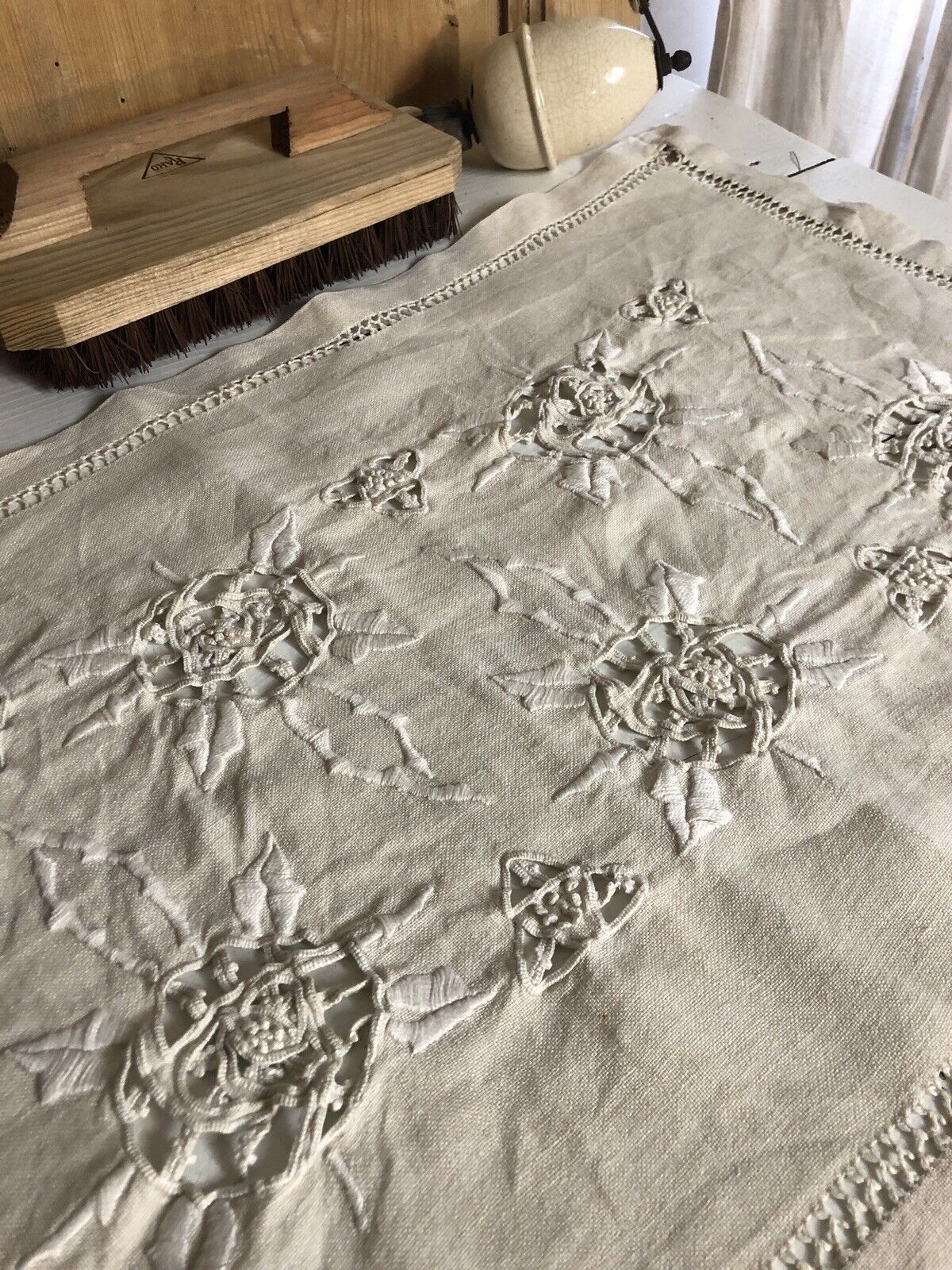 Art Nouveau LARGE French DOILY linen OPENWORKS napperon c1920