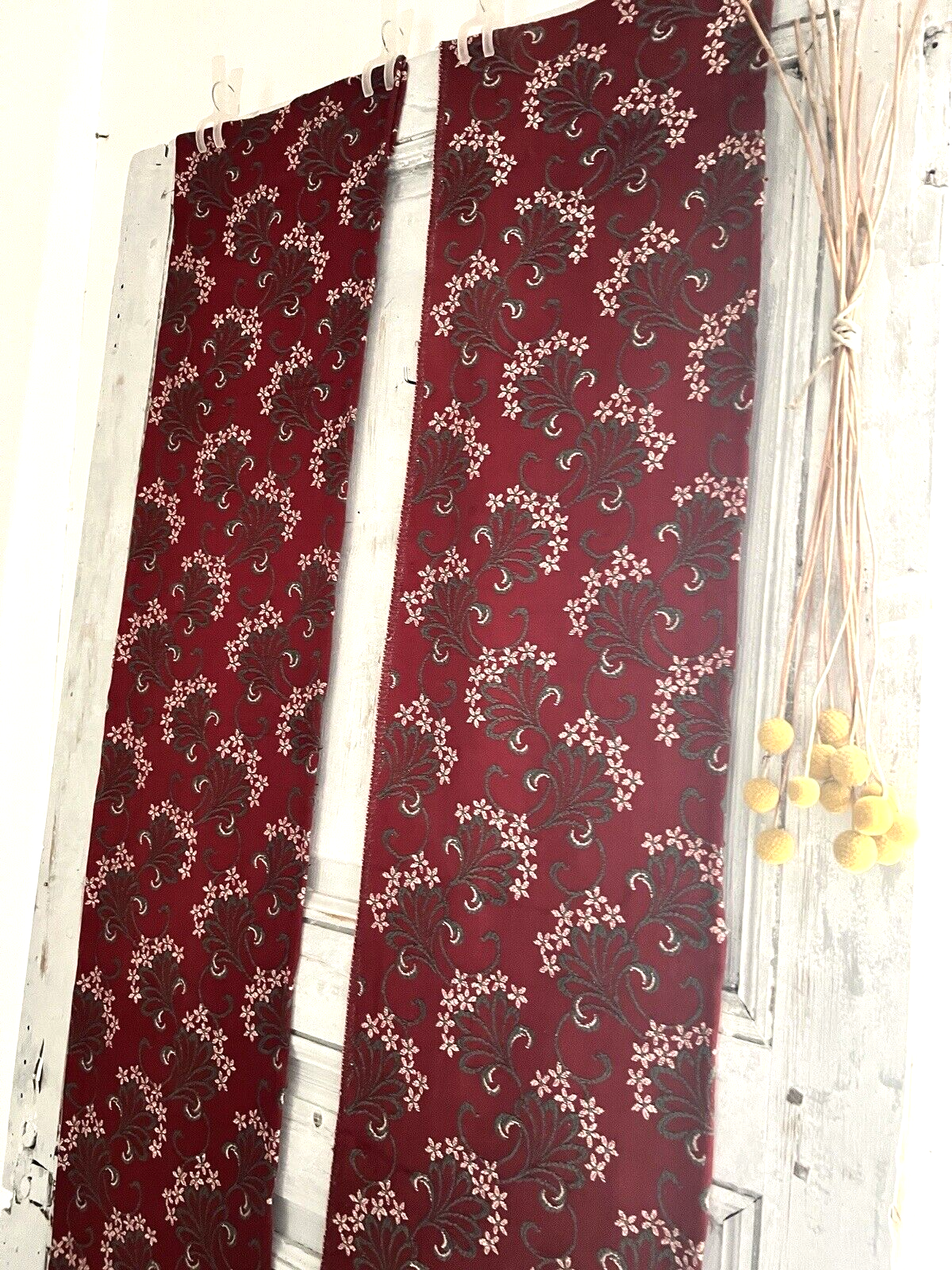 Pair antique French FLORAL JACQUARD CURTAINS cramoisi RED c1900