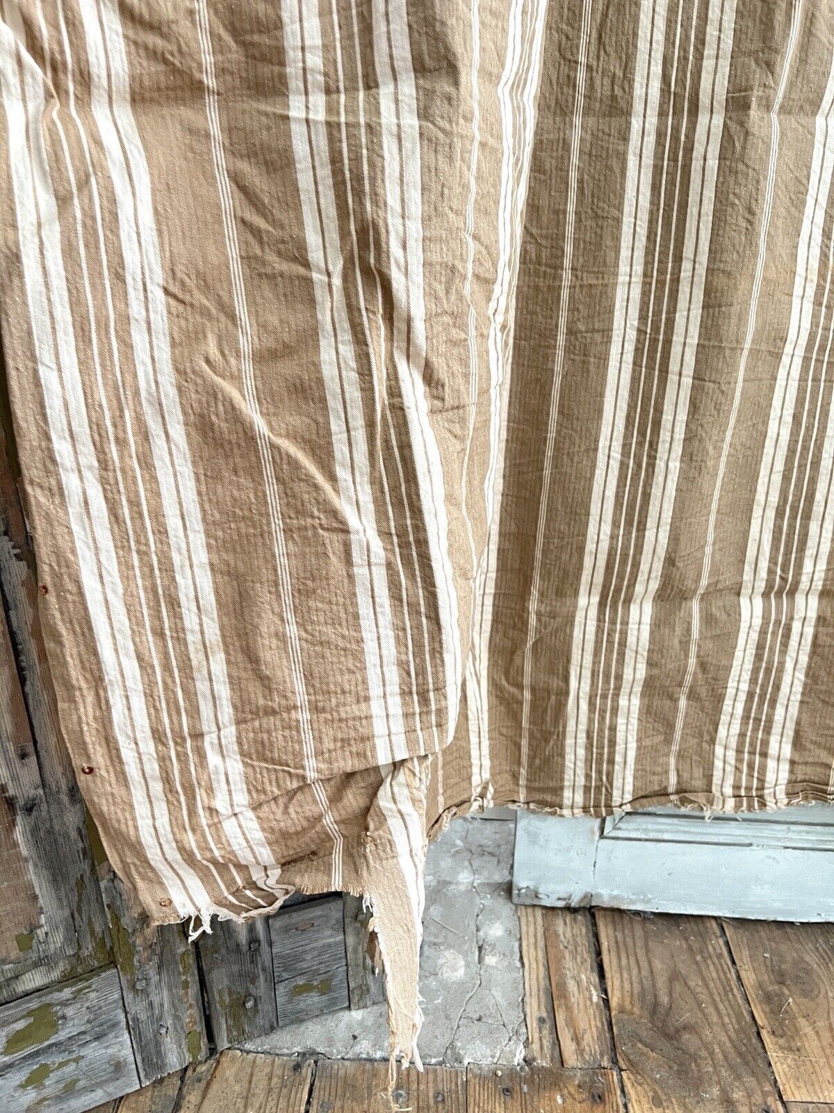 Antique WIDE French TICKING LINEN copper tones UPHOLSTERY c1900