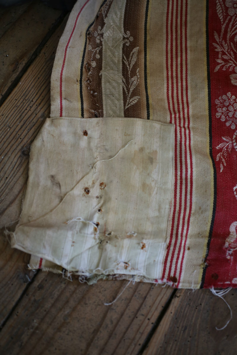 RARE Napoleon III French TICKING cotton PATCHED red cramoisi FLORAL c1850